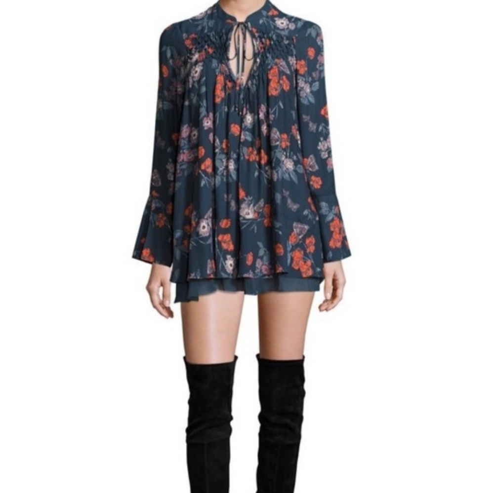 Free People So Fine Floral Smocked Tunic Blouse Size XS Boho Festival Concert
